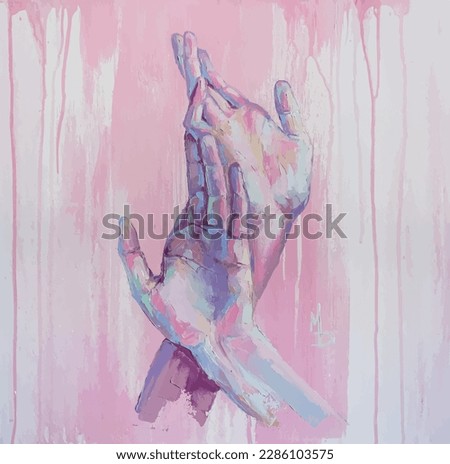 Hands together - oil painting. The picture shows gentle hand dance.. Conceptual abstract closeup of an oil painting and palette knife on canvas.      