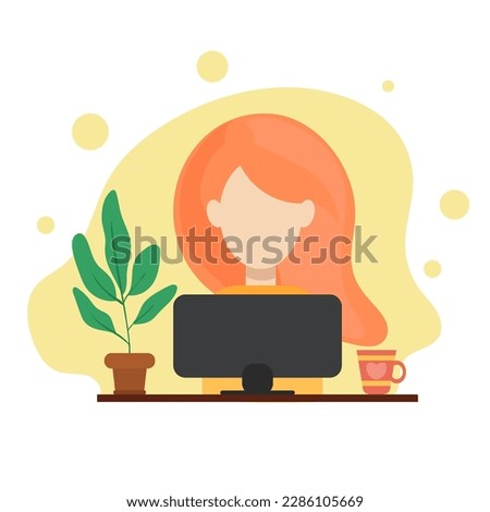 flat vector red-haired girl works at the computer sitting at a table and drinking tea from a mug. Royalty-Free Stock Photo #2286105669