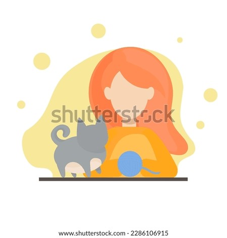 flat vector red girl playing with a gray cat and a ball of thread