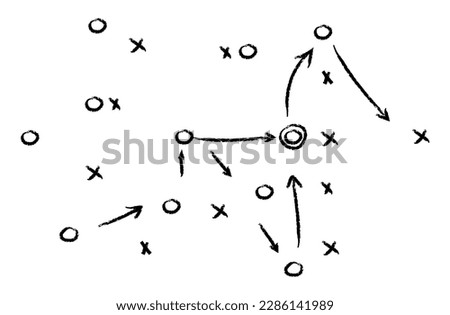 Strategy game plan. Tactic for soccer. Scheme for training of football team. Sport illustration on blackboard. Playbook of coach. Strategic organization on field for learning. Vector. Royalty-Free Stock Photo #2286141989