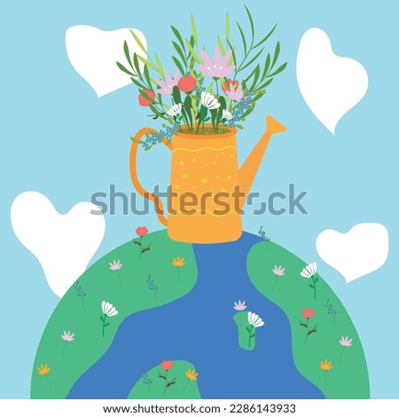 Vector illustration of a watering can with a bouquet of flowers on the earth.