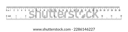Ruler 30 cm, 12 inch. Set of ruler 30 cm 12 inch. Measuring tool. Ruler scale. Grid cm, inch. Size indicator units. Metric Centimeter, inch size indicators. Vector 10 eps.