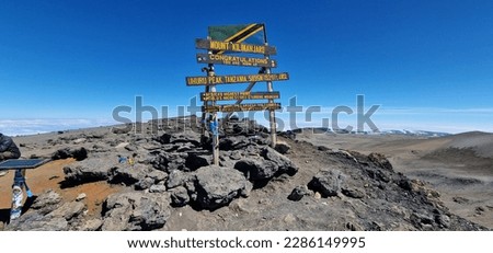 Mt Kilimanjaro Summit Sign at Uhuru Peak Royalty-Free Stock Photo #2286149995