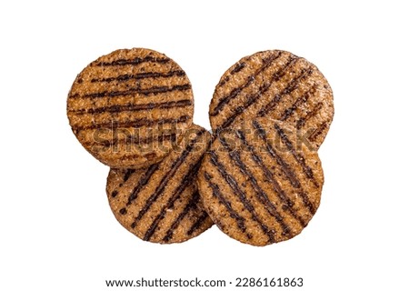 Griiled meat free patties, plant based meat steak cutlets. Isolated on white background