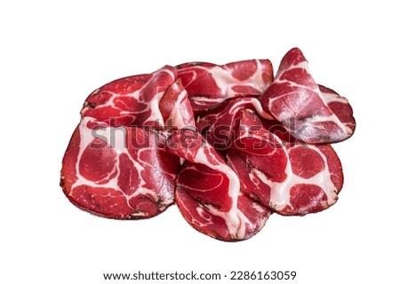 Coppa Cured ham on kitchen table. Isolated on white background