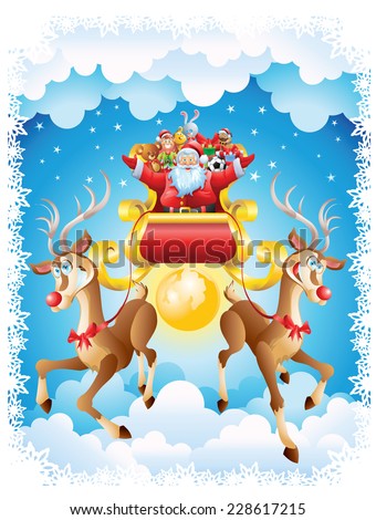 Santa Claus riding sleigh full of toys with two reindeer on Christmas night