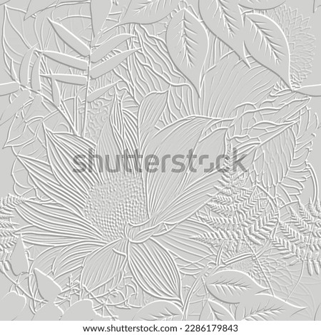 3d embossed lines floral seamless pattern. Textured tropical flowers relief background. Repeat emboss white backdrop. Surface flowers, leaves. 3d line art flowers ornament with embossing effect. Royalty-Free Stock Photo #2286179843