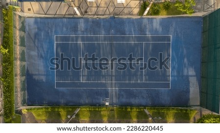 Aerial photo of tennis court in leisure area in luxury condominium in Barra da Tijuca.