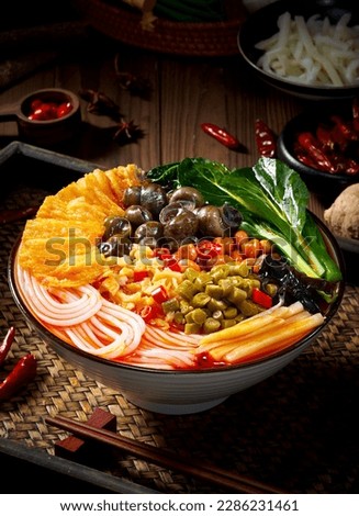 Picture of Luosifen or rice noodles with snail,Liuzhou river snails rice noodle,Special food in Liuzhou, Guangxi, China
