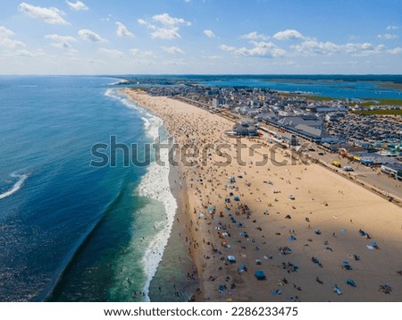 Hampton Beach aerial view including historic waterfront buildings on Ocean Boulevard and Hampton Beach State Park, Town of Hampton, New Hampshire NH, USA. Royalty-Free Stock Photo #2286233475