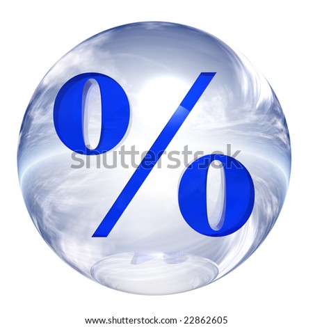 3d blue and white glass sphere isolated on white,with 3d symbol for web design buttons.percentage sign.