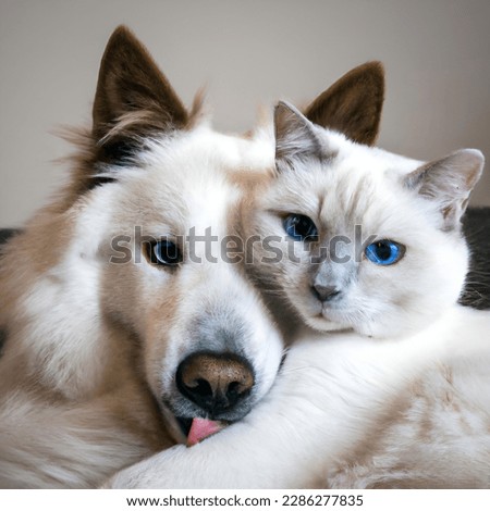 The picture depicts a heartwarming scene of a urban pets white dog and a white cat sitting together and showing affection towards each other