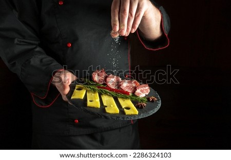 Professional chef sprinkles salt on a sliced steak with beef and cheese in a plate. The concept of serving dishes to order by the waiter or presentation