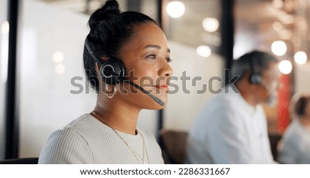 Contact us, call center or telemarketing worker typing an email for feedback or helping a client in customer services. Productivity, microphone or sales consultant working on research at office desk Royalty-Free Stock Photo #2286331667