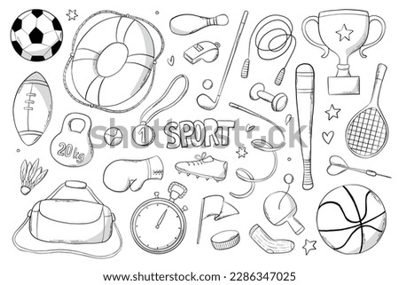 Set of hand drawn sports and fitness doodles, cartoon elements, clip art. Good for stickers, prints, banners, coloring book, planners, etc. EPS 10