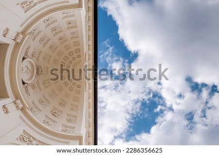 Close-up of a building with a neoclassical ceiling against the sky. Neoclassical architecture, rococo with hemispherical ceiling and stucco. Lazienki Park, Warsaw, Poland Royalty-Free Stock Photo #2286356625