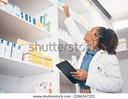 Pharmacy product, shelf and tablet of woman for medicine management, stock research or medical inventory. Digital technology, logistics and medical doctor or pharmacist for pharmaceutical e commerce