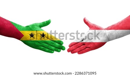 Handshake between Austria and Sao Tome and Principe flags painted on hands, isolated transparent image.