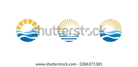 Sun logo with sea wave vector design