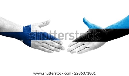 Handshake between Estonia and Finland flags painted on hands, isolated transparent image.