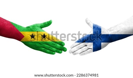 Handshake between Finland and Sao Tome and Principe flags painted on hands, isolated transparent image.