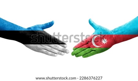 Handshake between Azerbaijan and Estonia flags painted on hands, isolated transparent image.