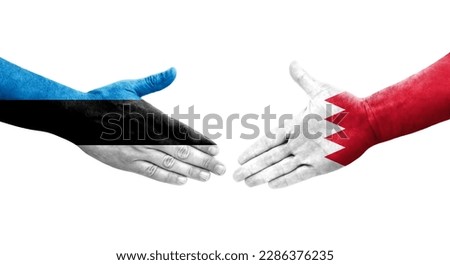 Handshake between Bahrain and Estonia flags painted on hands, isolated transparent image.