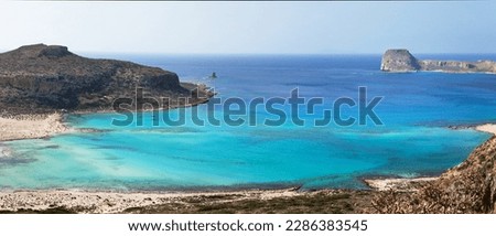 Greece. Panoramic top view of Balos Bay is one of main attractions of Crete. Lagoon of Three Seas with turquoise waters. Beautiful seascape. Natural background. Summer seaside rest and recreation Royalty-Free Stock Photo #2286383545