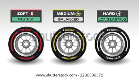 set collection black wheel red yellow white line compounds type soft tyre hard medium soft compound rubber logo symbol icon vector template strategy team principal isolated background Royalty-Free Stock Photo #2286386571