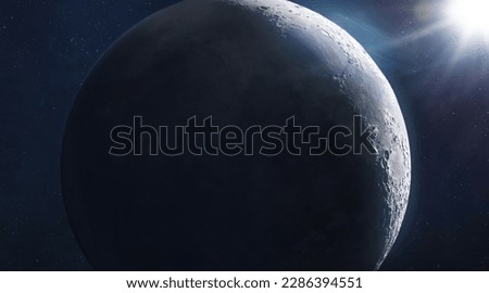 Moon surface in deep bright space. Future Artemis mission from Earth planet on Moon satellite. Return of astronauts. Elements of this image furnished by NASA 