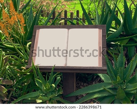 OPEN BLANK WOODEN BOOK SIGNAGE Empty old aged, plain light paper, no text, thick heavy ledger sign post, outdoors in grassy lawn, Agave aloe vera garden background and a natural wooden fence post 