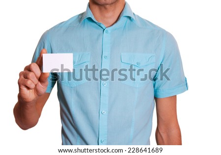 Man's hand showing business card - closeup shot
