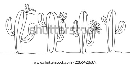 A group of flowering cacti in the sand. Isolated illustration. World Cactus Day. A simple one line drawing for various uses. Vector illustration Royalty-Free Stock Photo #2286428689