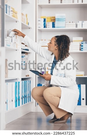 Pharmacy, product and pharmacist woman on tablet for medicine management, stock research or inventory. Digital, logistics and retail or medical doctor, reading box or pharmaceutical quality assurance