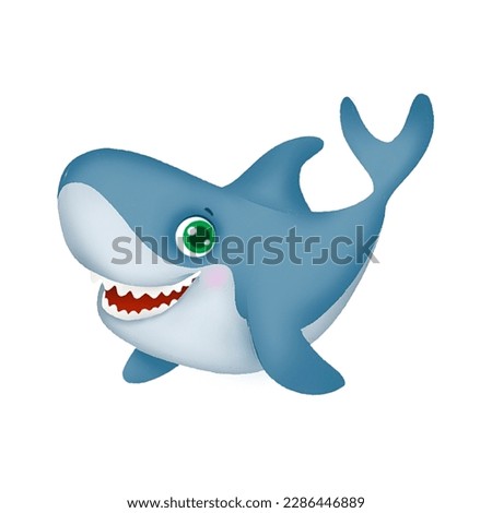 cute and friendly cartoon smiling shark for children's book, alphabet, website, sticker set