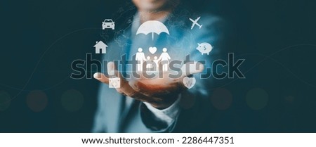 Insurance company clients take out the complete insurance concept. Assurance, insurance,  car, real estate and property, travel, finances, health, family, life, accident, and logistics insurance  Royalty-Free Stock Photo #2286447351