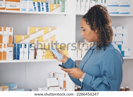 Pharmacy, product and woman check phone for information online, research label on internet or healthcare choice. Person or customer on mobile app, shelf and medical decision of medicine or drugs