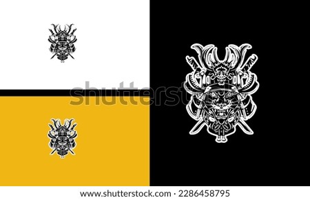 head panther and samurai vector line art design