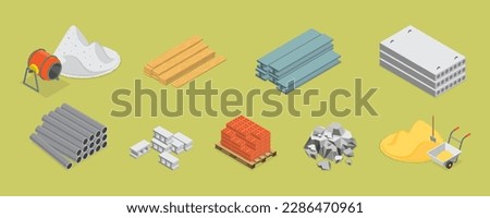 3D Isometric Flat Vector Set of Building Materials, Pile of Sand, Stones, Bricks, Concrete Mixer Royalty-Free Stock Photo #2286470961