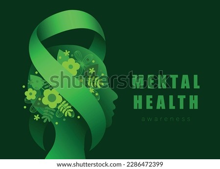 Mental Health Awareness Month vector illustration with green ribbon and flowers. Human abstract profile with green ribbon, Mental health awareness Royalty-Free Stock Photo #2286472399