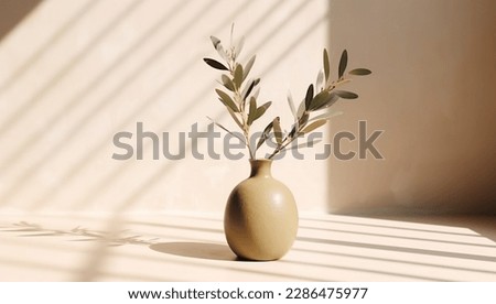 Modern summer minimal of olive tree branch in sunlight with long shadows on beige wall background, copy space interior lifestyle Mediterranean scene Royalty-Free Stock Photo #2286475977