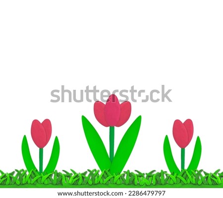 pink plasticine tulip on grass field on white isolated background
