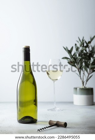 Bottle and glass of white wine and corkscrew on light background. Royalty-Free Stock Photo #2286495055