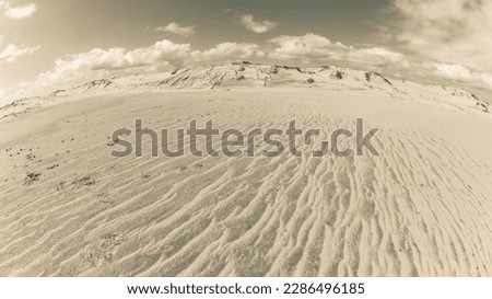 Beach coastline tropical  sand tractor tyre tracks textures dunes scenic sepia vintage landscape.