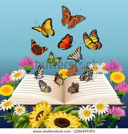 Open book and butterflies.Vector illustration with butterflies and flowers on an open book.