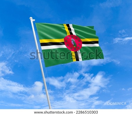 Flag on Dominica flag pole and blue sky, Flag of Dominica fluttering in blue sky big national symbol. Waving red and white yellow Dominica state flag, Independence Constitution Day.