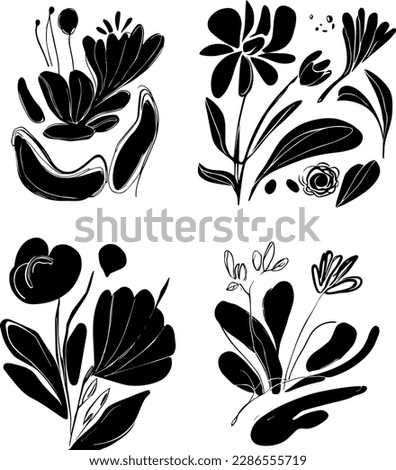 Abstract black hand drawn aesthetic floral illustration poster isolated on beige background