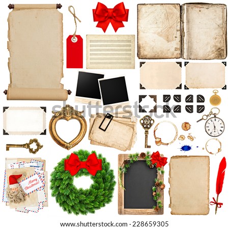 scrapbook elements for christmas holidays greetings. old book pages, paper, scroll, wreath, blackboard, corner and photo frames isolated on white background