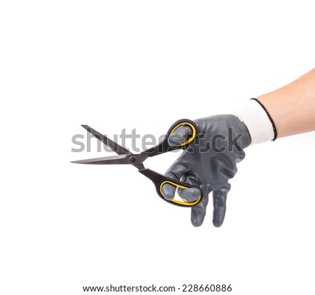 Male hand holding scissors. Isolated on white background