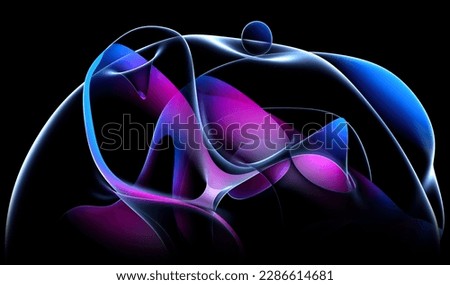 3d render of abstract art of surreal 3d ball or sphere in curve wavy round and spherical lines forms in transparent plastic material with glowing purple pink and violet color core on black background